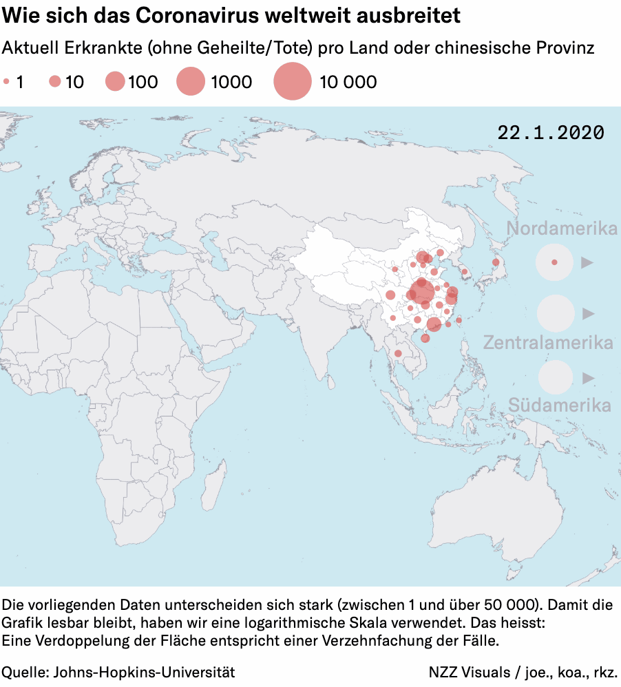 Animated map showing how the Corona virus spread in January and Feburary 2020